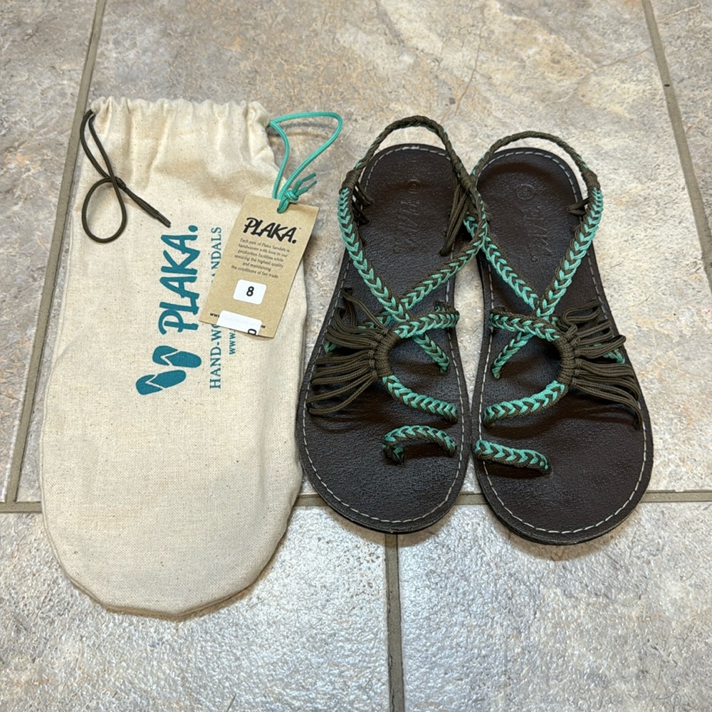 Plaka Palm Leaf Turquoise and Brown sandal size 8